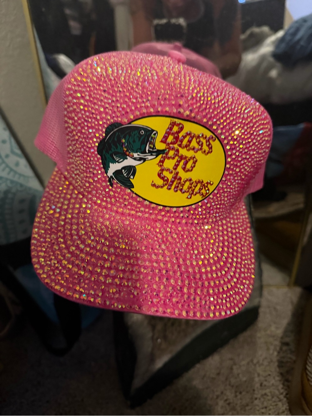 NWT Bass Pro Shops Hot Pink Rhinestone Trucker Cap with Yellow Logo NWT